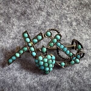 Early Victorian Turquoise Pin Brooch 900 Silver Pave Faith Hope Charity Rare